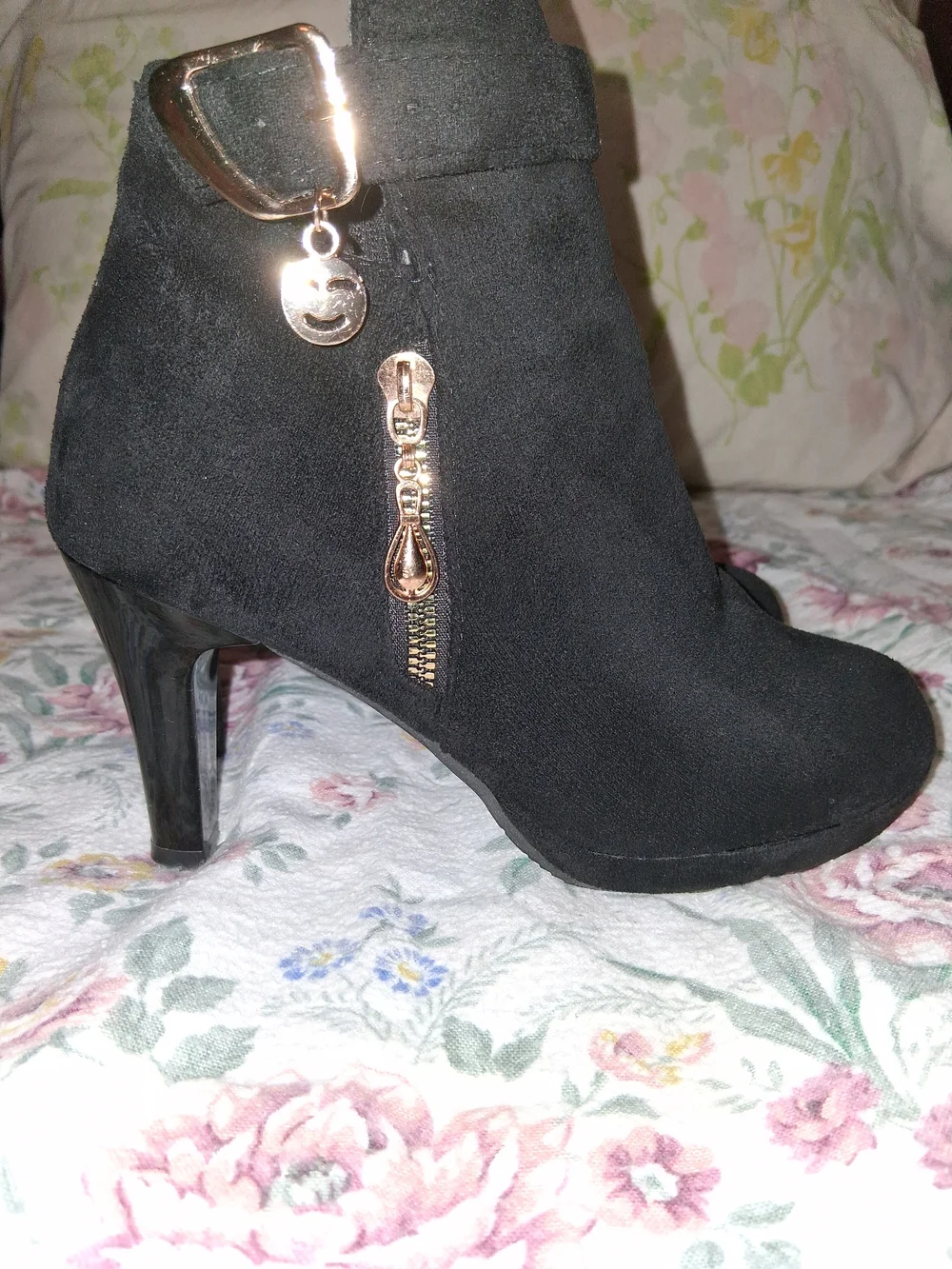 Women's Black Suede Ankle Boots with Gold Accent - Picture 2 of 9